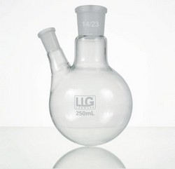 Two-neck round bottom flasks with standard ground joint, borosilicate glass 3.3, angled side neck LLG-Labware