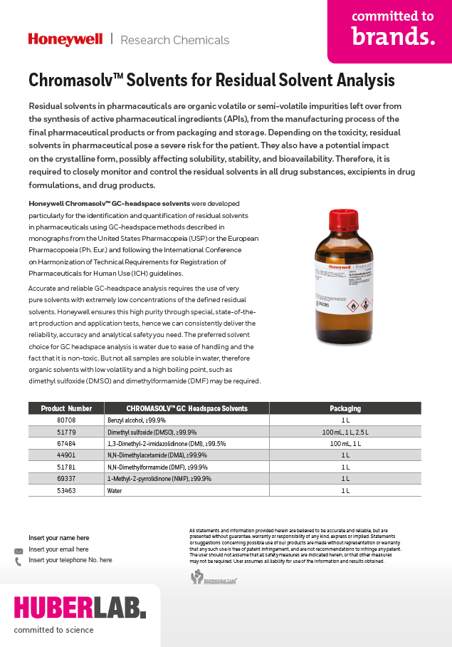 Product Catalog Honeywell Chromasolv Determination of Solvent Residues