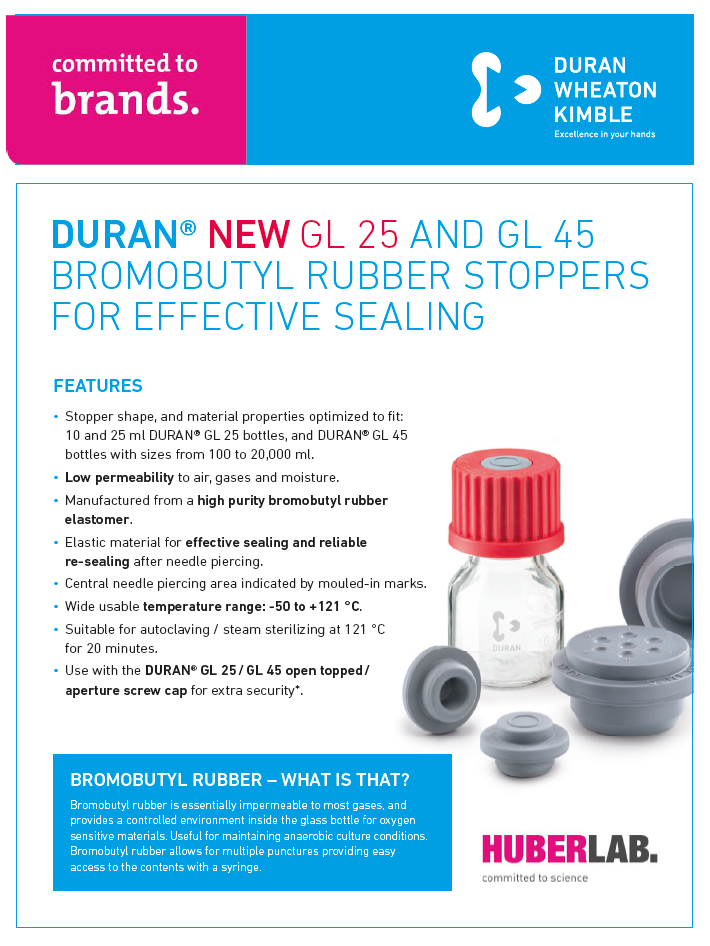 Productf lyer DURAN NEW GL 25 and GL 45 Bromobutyl Rubber Stoppers